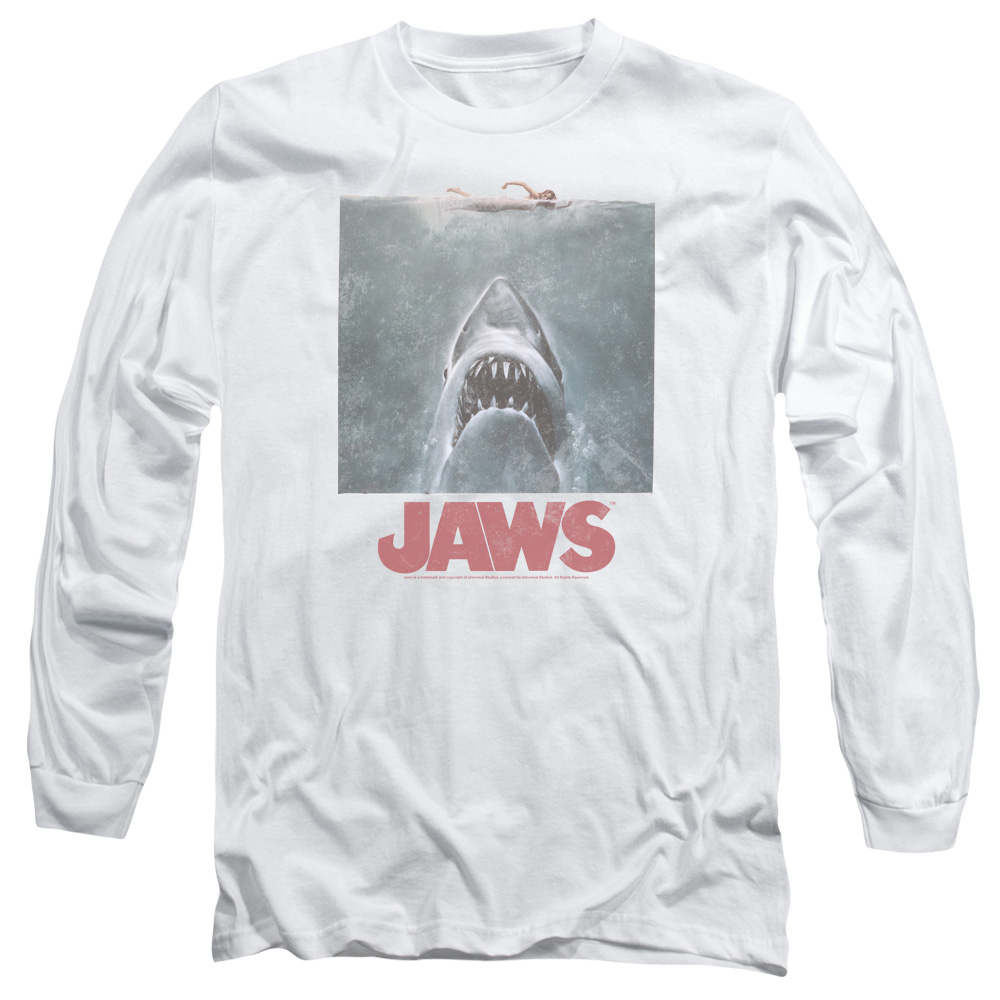UNI1134-AL-2 Jaws Distressed Adult Long Sleeve T-Shirt, White - Medium