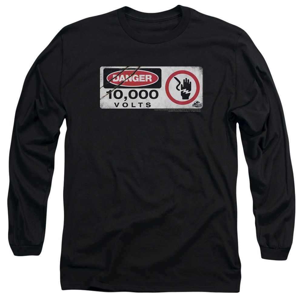 UNI914-AL-4 Jurassic Park Electric Fence Sign Adult Long Sleeve T-Shirt, Black - Extra Large