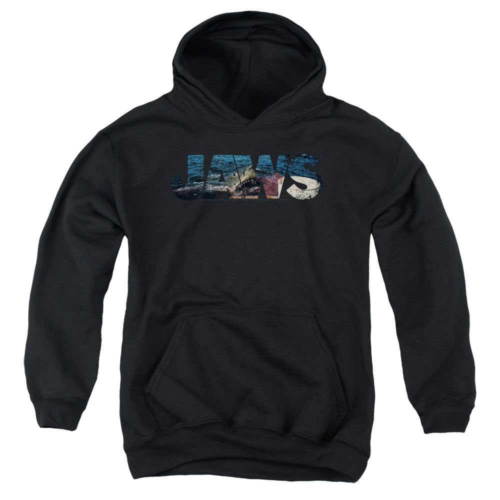 UNI997-YFTH-2 Jaws Logo Cutout Youth Hooded Sweatshirt, Black - Medium
