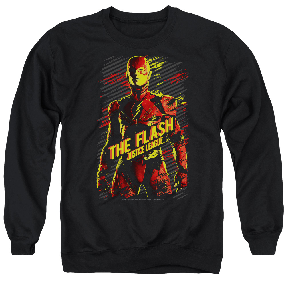 JLM105-AS-5 Justice League Movie The Flash Adult Crewneck Sweatshirt, Black - 2X