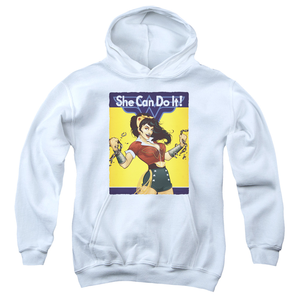 JLA646-YFTH-2 JLA Wonder Bombshell Youth Hooded Sweatshirt, White - Medium