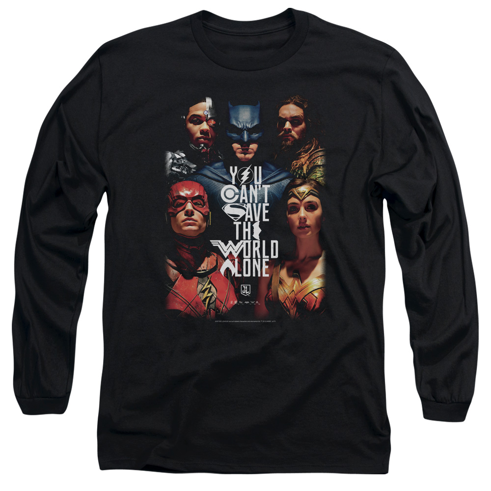 JLM191-AL-2 Justice League Movie Save The World Poster Adult Long Sleeve T-Shirt, Black - Medium