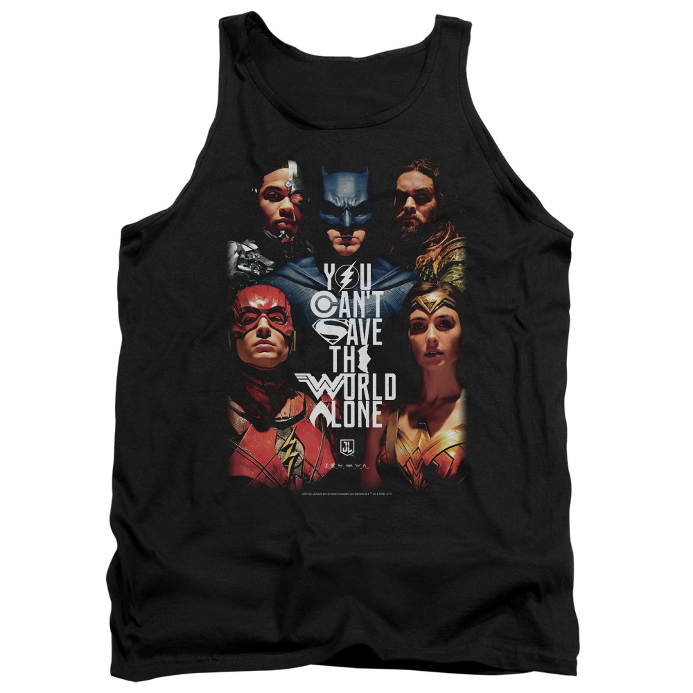 JLM191-TK-3 Justice League Movie Save The World Poster Adult Tank Top, Black - Large