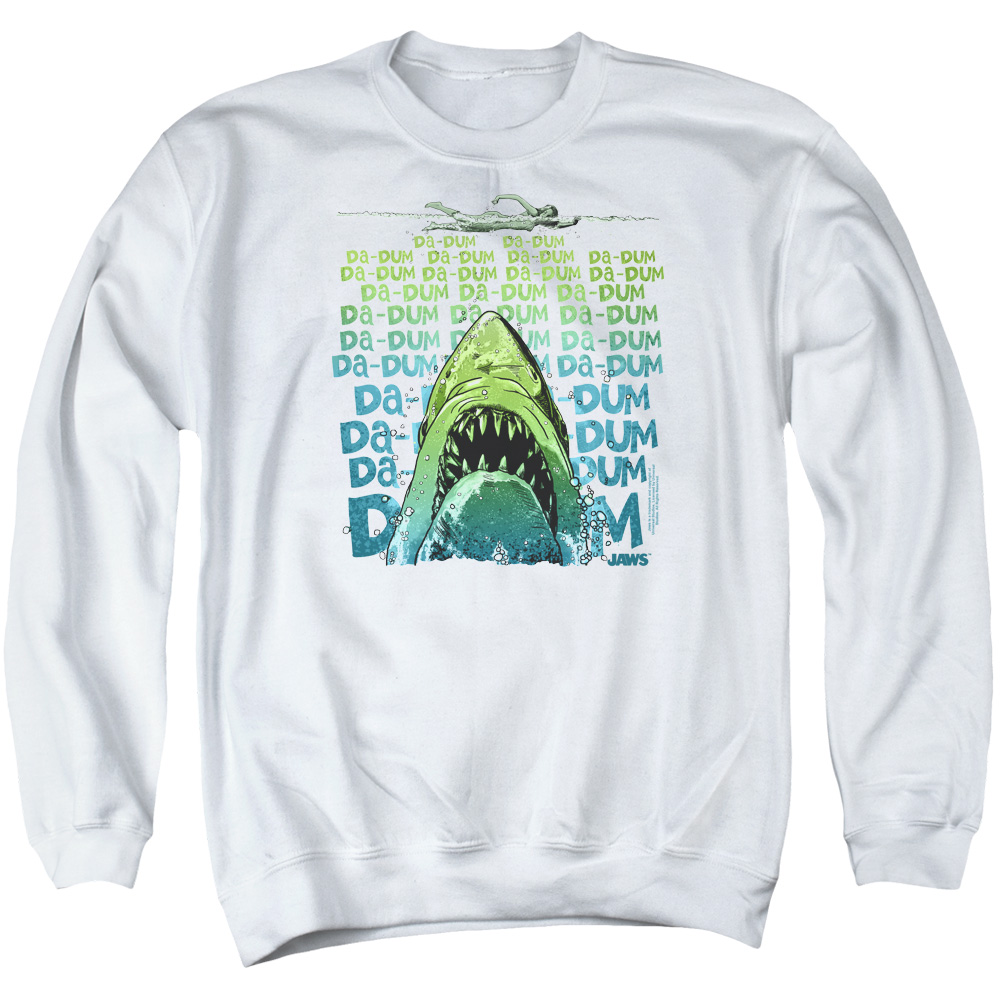 UNI1093-AS-3 Jaws Da Dum Adult Crewneck Sweatshirt, White - Large