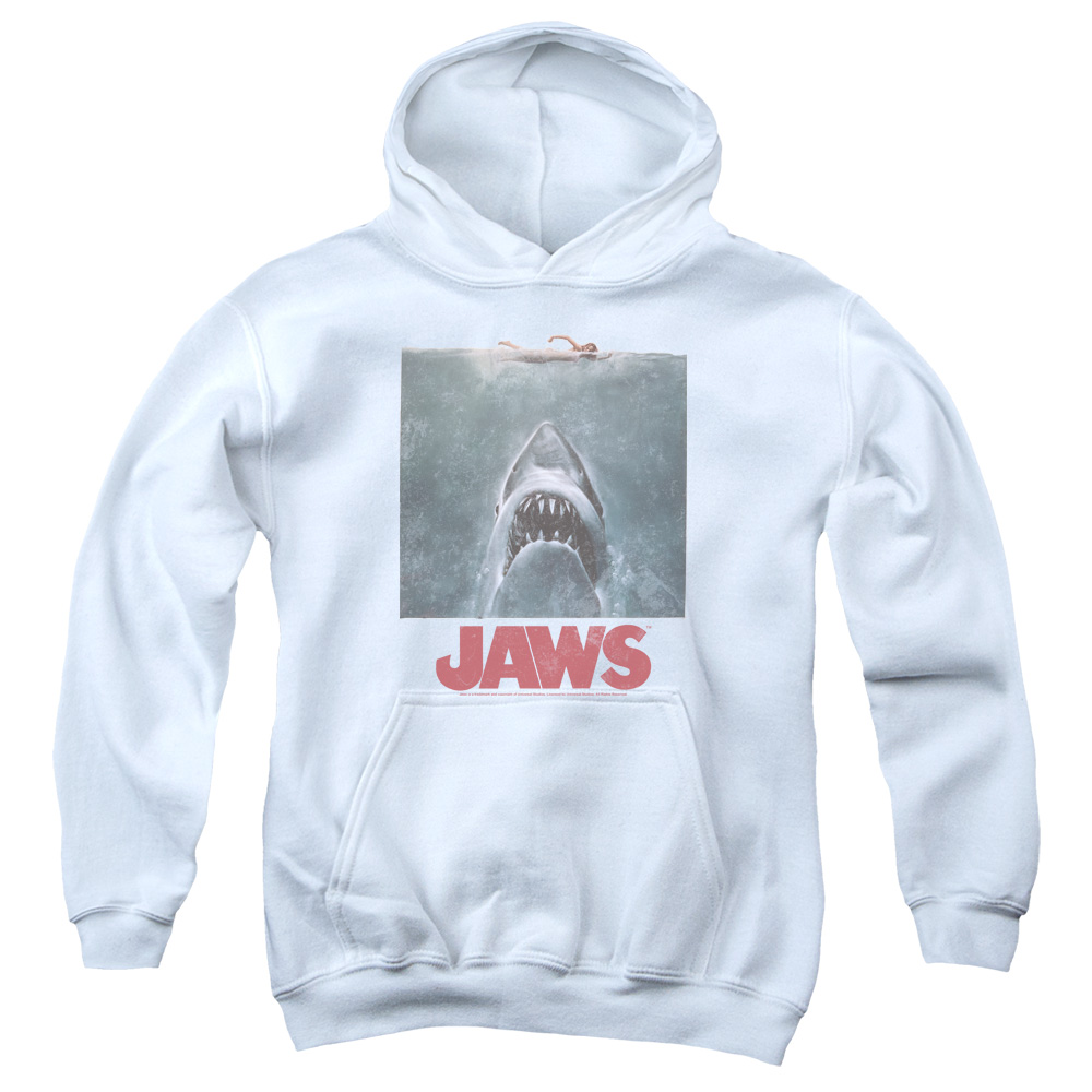 UNI1134-YFTH-4 Jaws Distressed Jaws Youth Hooded Sweatshirt, White - Extra Large