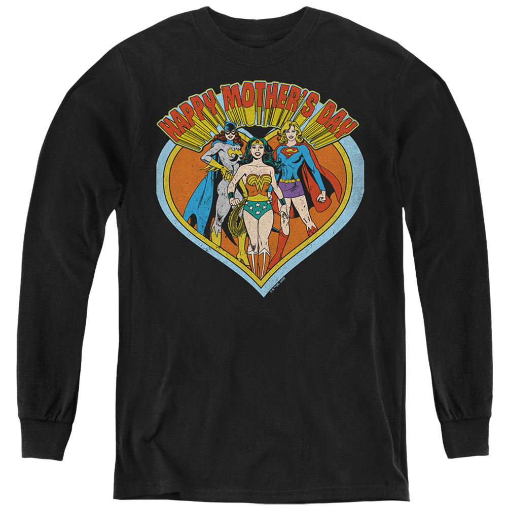 JLA1475-YL-3 Justice League Mothers Day Heart Long Sleeve Youth T-Shirt, Black - Large