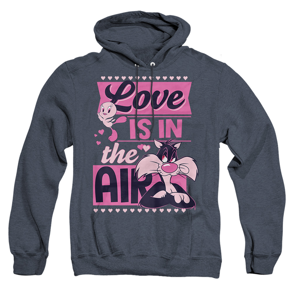 LT10048VAL-AHH-2 Looney Tunes Valentines Day Tweety Sylvester Love in The Air Adult Heather Hoodie, Navy - Medium