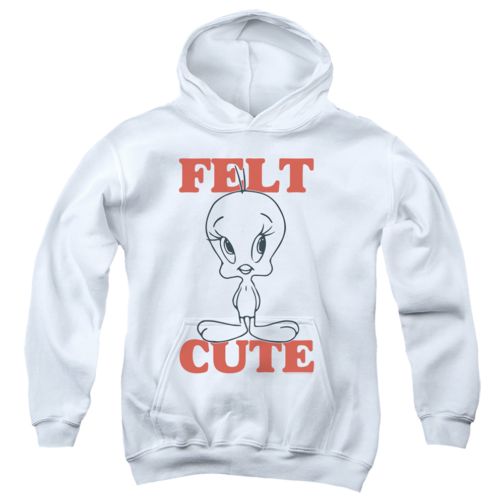 LT251-YFTH-2 Looney Tunes Felt Cute Youth Hooded Sweatshirt, White - Medium