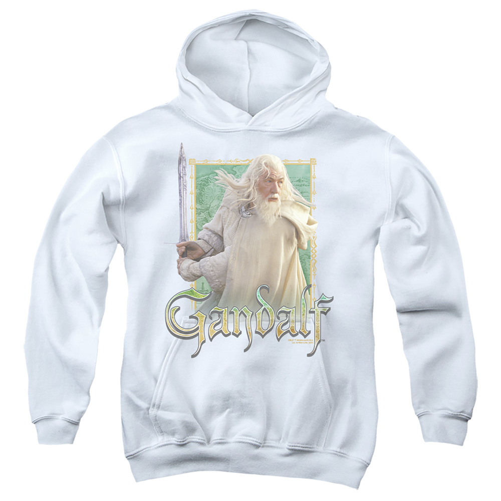 LOR3053-YFTH-2 Lord of The Rings Gandalf Youth Hooded Sweatshirt, White - Medium