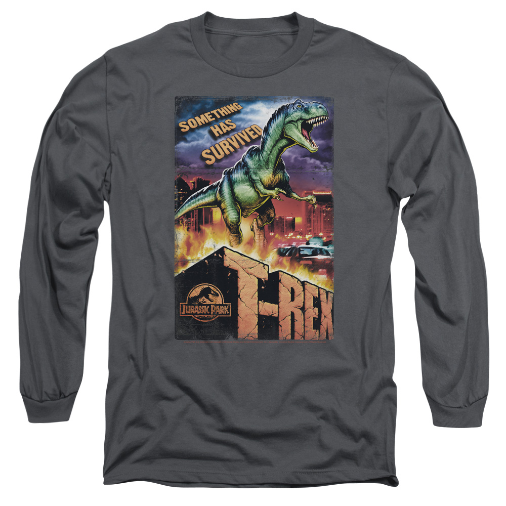 UNI324-AL-4 Jurassic Park Rex In The City Adult Long Sleeve T-Shirt, Charcoal - Extra Large