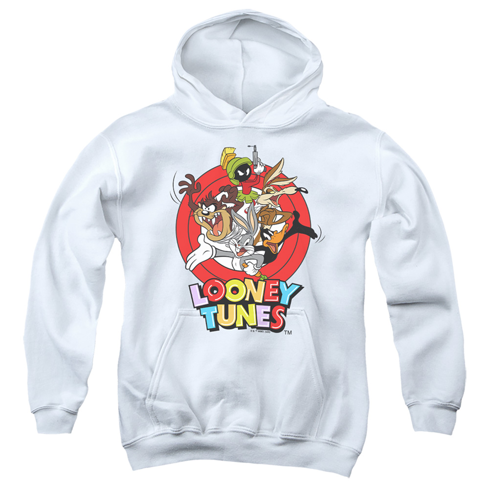 LT683-YFTH-2 Looney Tunes Group Characters Youth Hooded Sweatshirt, White - Medium