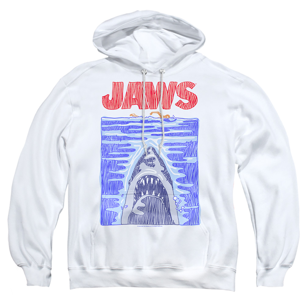 UNI1711-AFTH-1 Jaws Scribble Poster Adult Pullover Hoodie, White - Small