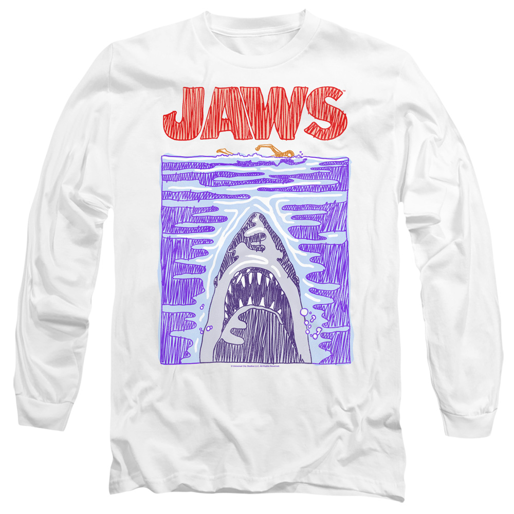 UNI1711-AL-2 Jaws Scribble Poster Adult Long Sleeve T-Shirt, White - Medium