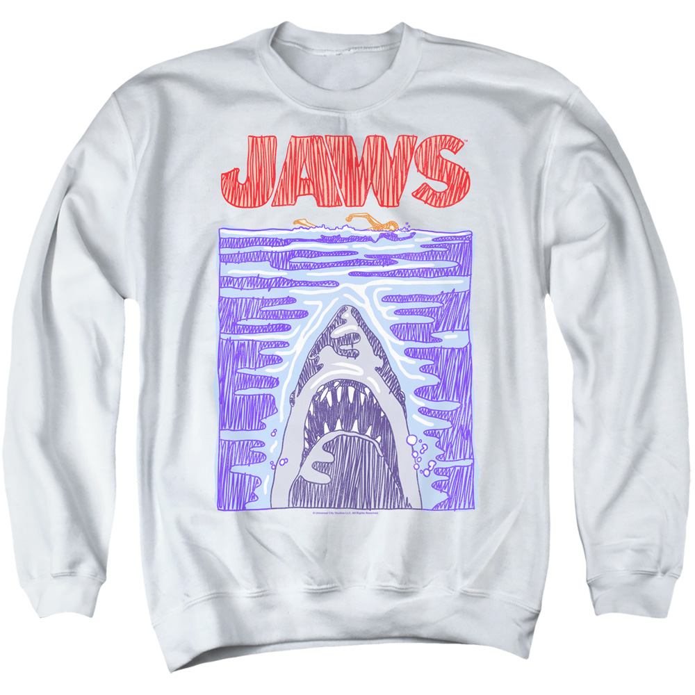 UNI1711-AS-3 Jaws Scribble Poster Adult Crewneck Sweatshirt, White - Large
