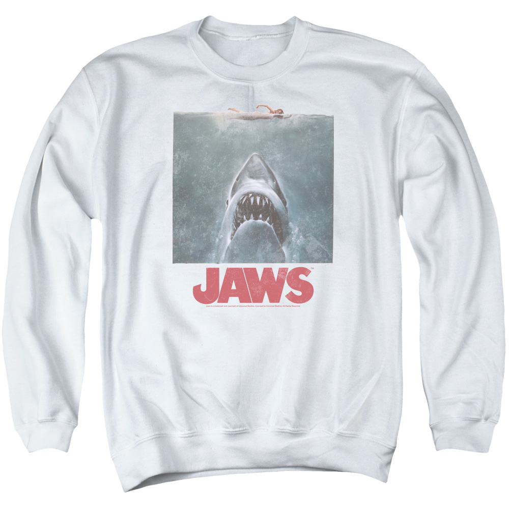 UNI1134-AS-2 Jaws Distressed Adult Crewneck Sweatshirt, White - Medium