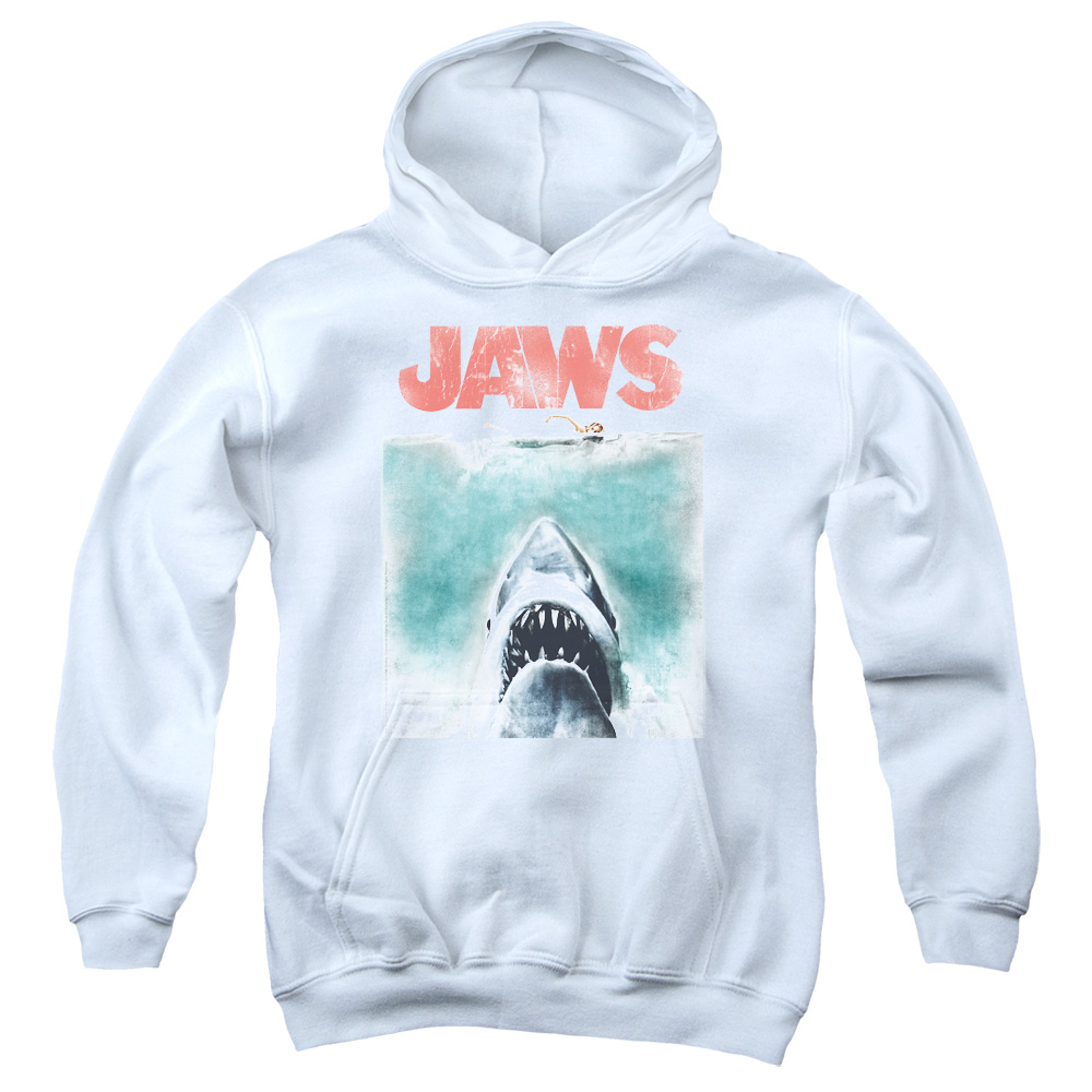 UNI726-YFTH-2 Jaws Vintage Poster Youth Hooded Sweatshirt, White - Medium