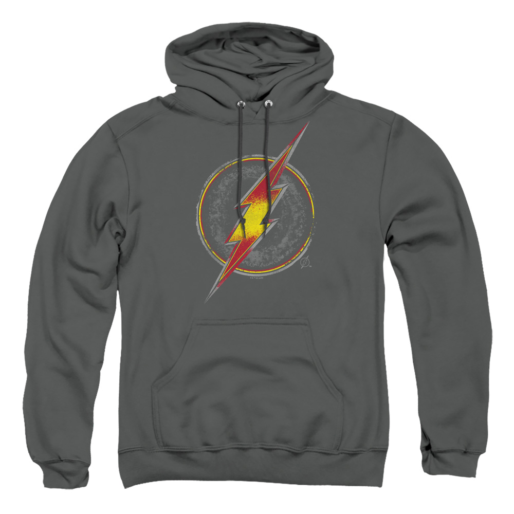 JLA1495-AFTH-4 Justice League Flash Busted Logo Adult Pullover Hoodie, Charcoal - Extra Large