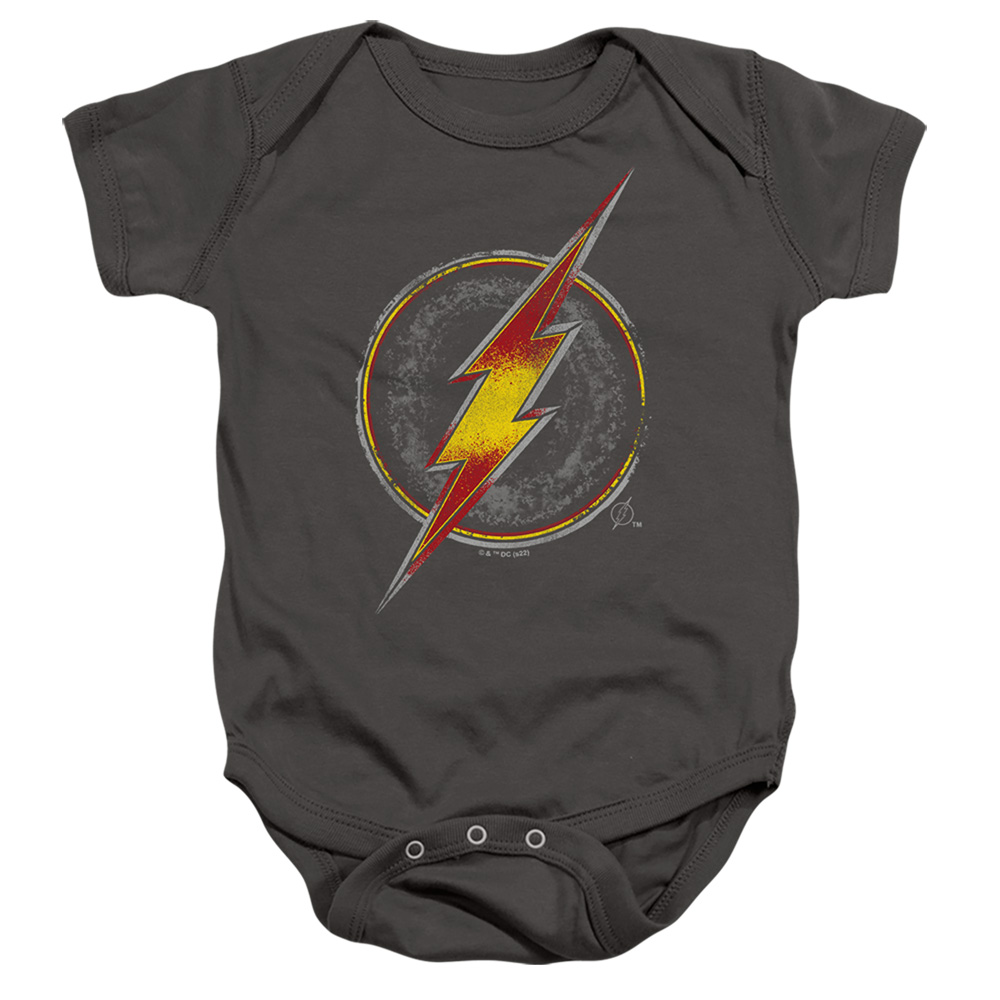 JLA1495-SS-4 Justice League Flash Busted Logo Infant Snapsuit, Charcoal - Extra Large - 24 Month