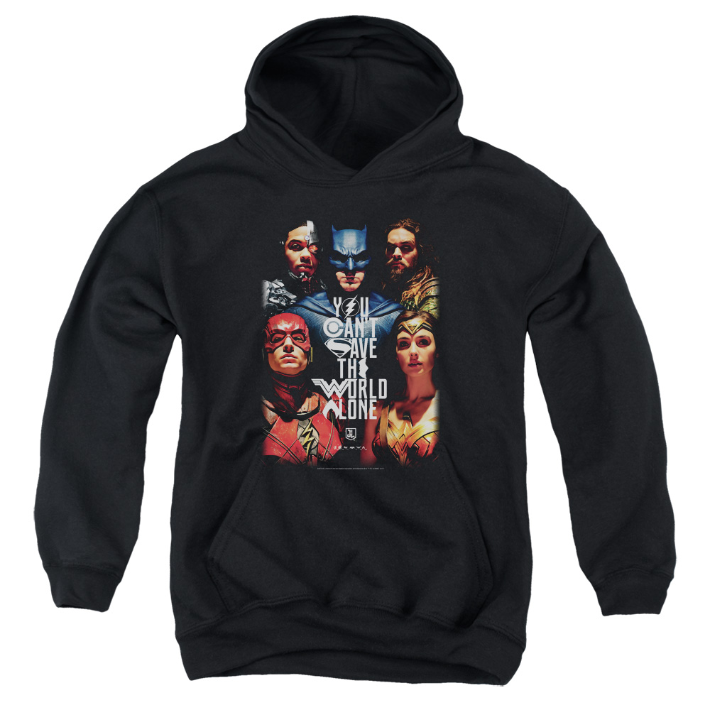 JLM191-YFTH-3 Justice League Movie Save The World Poster Youth Hooded Sweatshirt, Black - Large