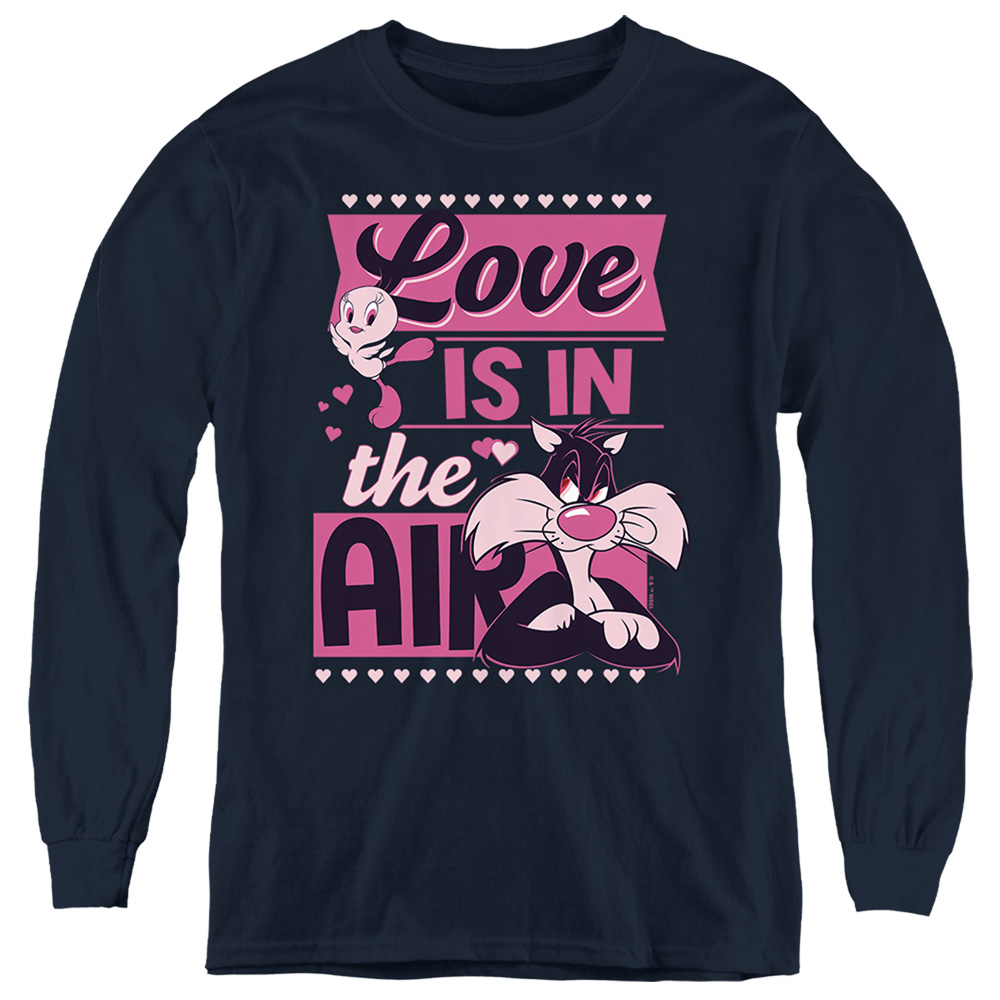 LT10048VAL-YL-4 Looney Tunes Valentines Day Tweety Sylvester Love in The Air Long Sleeve Youth T-Shirt, Navy - Extra Large