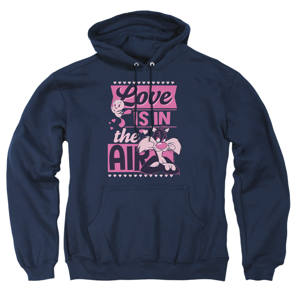 LT10048VAL-AFTH-5 Looney Tunes Valentines Day Tweety Sylvester Love in The Air Adult Pullover Hoodie, Navy - 2X