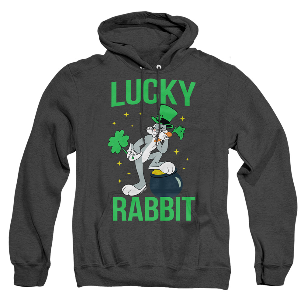 LT10056SPD-AHH-5 Looney Tunes Bugs Bunny St. Patricks Lucky Rabbit Adult Heather Hoodie, Black - 2X