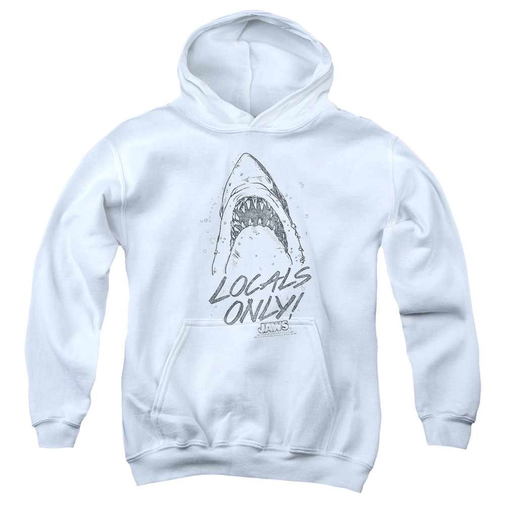 UNI918-YFTH-2 Jaws Locals Only Youth Hooded Sweatshirt, White - Medium