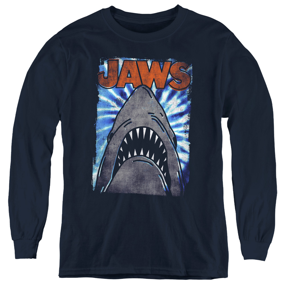 UNI1706-YL-2 Jaws Ocean Tie Dye Long Sleeve Youth T-Shirt, Navy - Medium