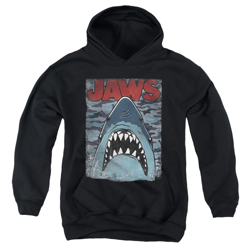UNI1712-YFTH-2 Jaws Camo Jaws Youth Hooded Sweatshirt, Black - Medium