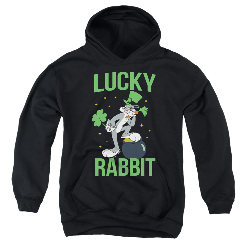 LT10056SPD-YFTH-3 Looney Tunes Bugs Bunny St. Patricks Lucky Rabbit Youth Hooded Sweatshirt, Black - Large