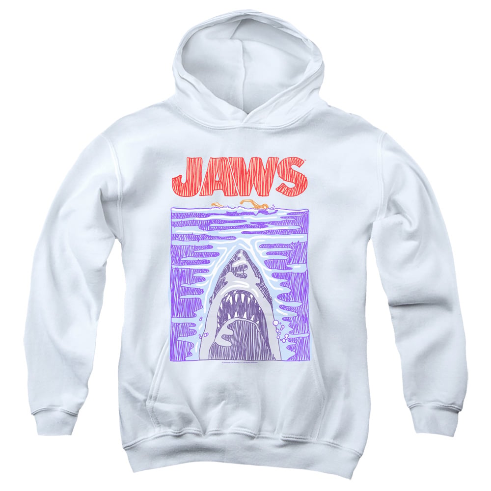 UNI1711-YFTH-4 Jaws Scribble Poster Youth Hooded Sweatshirt, White - Extra Large