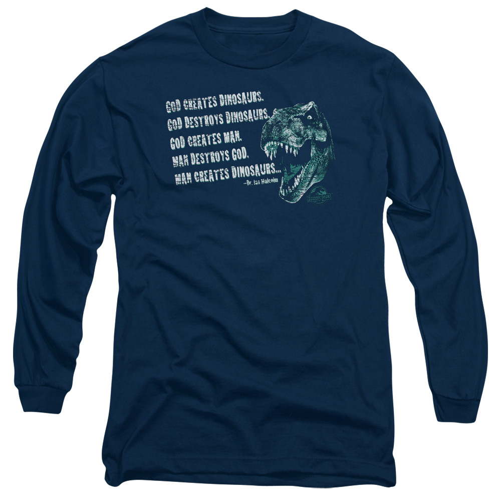 UNI138-AL-1 Jurassic Park God Creates Dinosaurs Adult Long Sleeve T-Shirt, Navy - Small