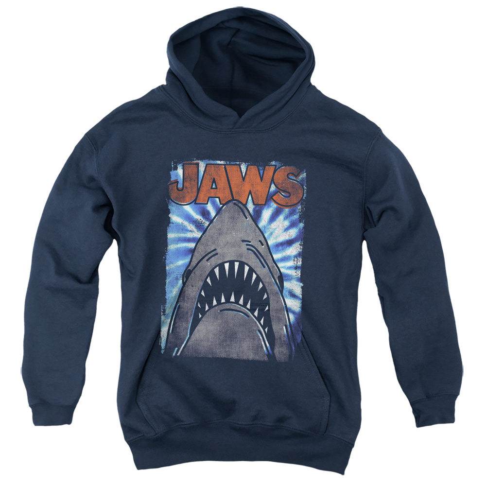 UNI1706-YFTH-3 Jaws Ocean Tie Dye Youth Hooded Sweatshirt, Navy - Large
