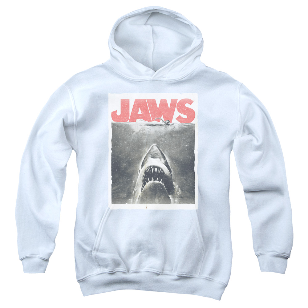 UNI725-YFTH-2 Jaws Classic Fear Youth Hooded Sweatshirt, White - Medium