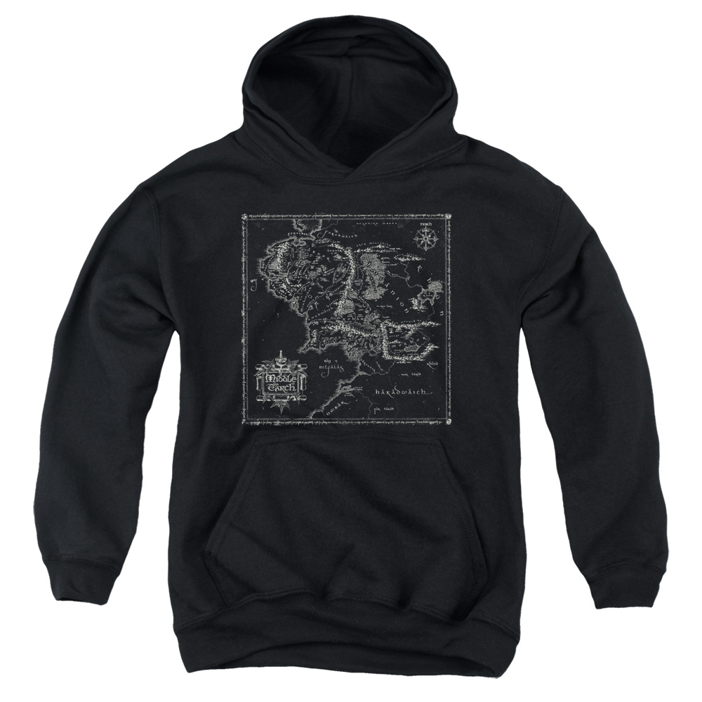 LOR1062-YFTH-4 Lord of The Rings Map of Me Youth Hooded Sweatshirt, Black - Extra Large