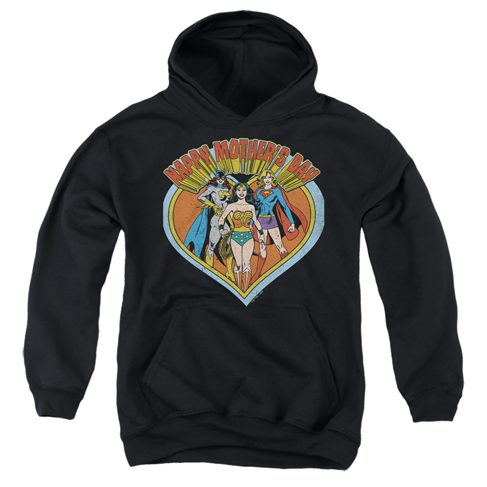 JLA1475-YFTH-3 Justice League Mothers Day Heart Youth Hooded Sweatshirt, Black - Large
