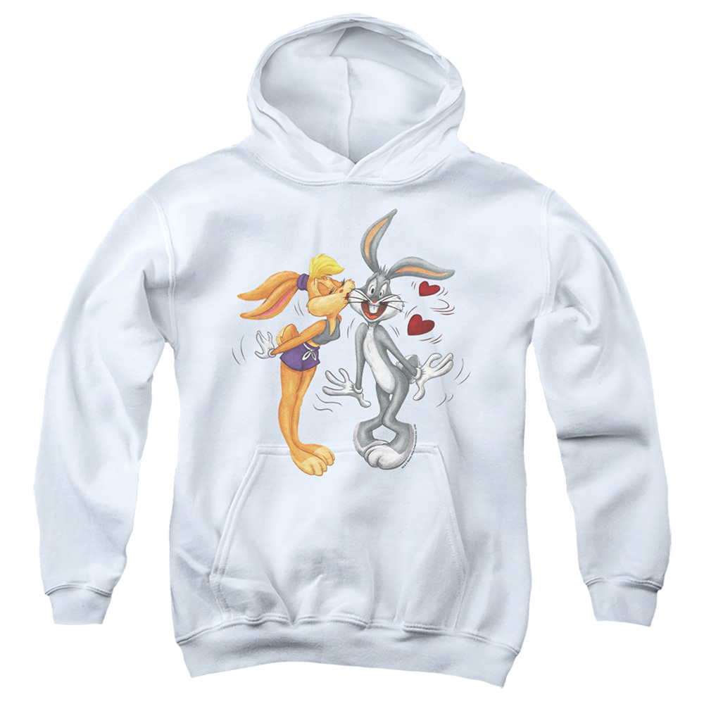LT349-YFTH-3 Looney Tunes Bugs & Lola Kiss Valentines Day Youth Hooded Sweatshirt, White - Large