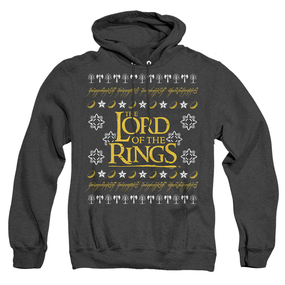 LOR10000-AHH-1 Lord of The Rings Ugly Christmas Logo Adult Heather Hoodie, Black - Small