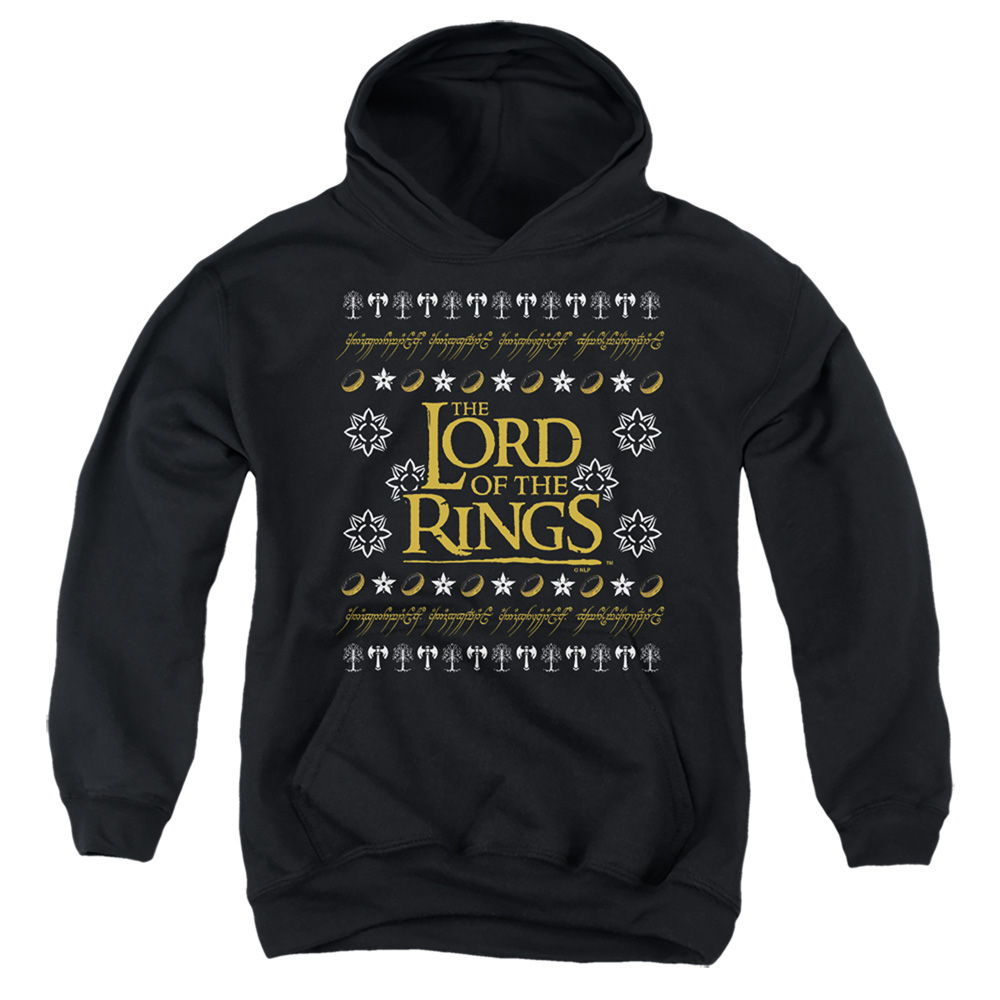 LOR10000-YFTH-1 Lord of The Rings Ugly Christmas Logo Youth Hooded Sweatshirt, Black - Small