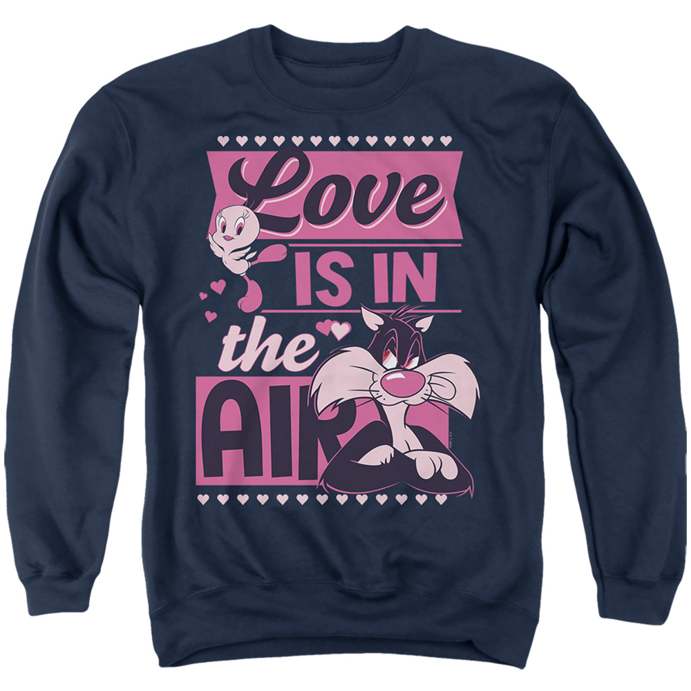 LT10048VAL-AS-3 Looney Tunes Valentines Day Tweety Sylvester Love in The Air Adult Crewneck Sweatshirt, Navy - Large