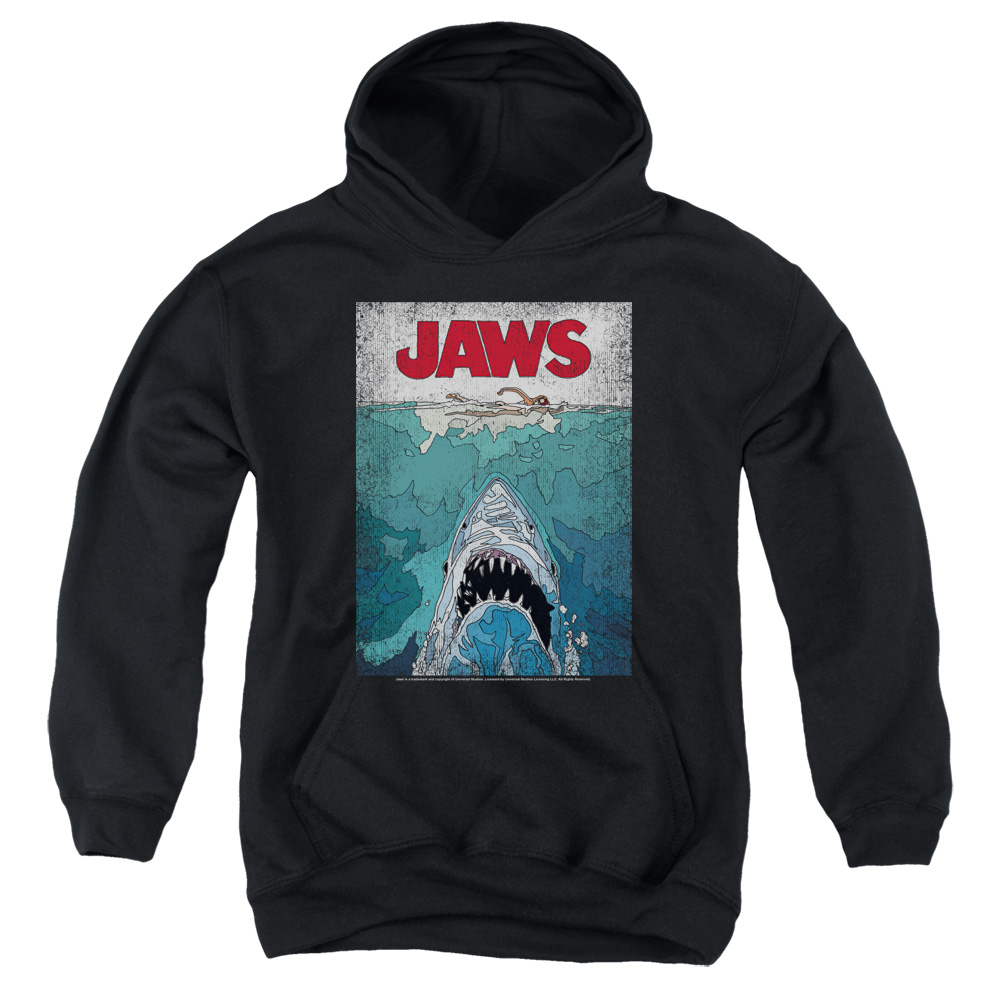 UNI1000-YFTH-3 Jaws Lined Poster Youth Hooded Sweatshirt, Black - Large