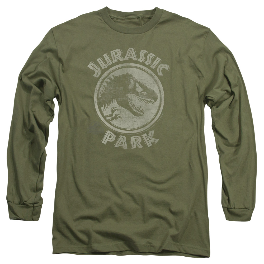UNI484-AL-3 Jurassic Park JP Stamp Adult Long Sleeve T-Shirt, Military Green - Large