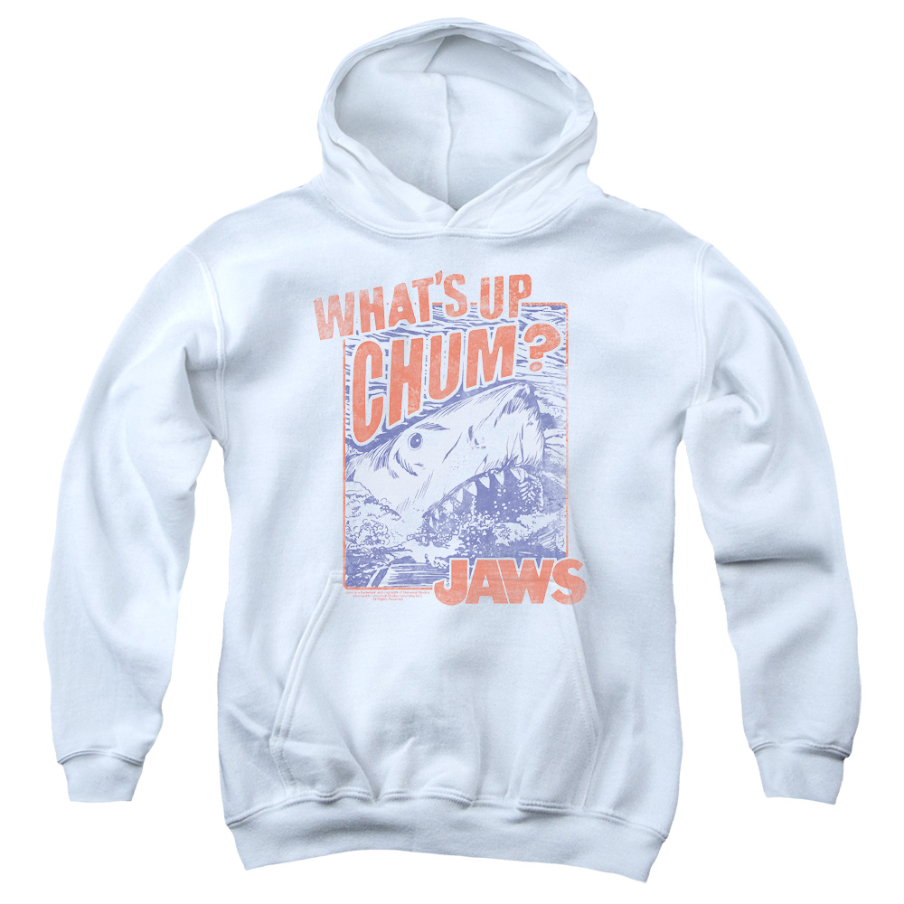 UNI537-YFTH-3 Jaws Chum Youth Hooded Sweatshirt, White - Large