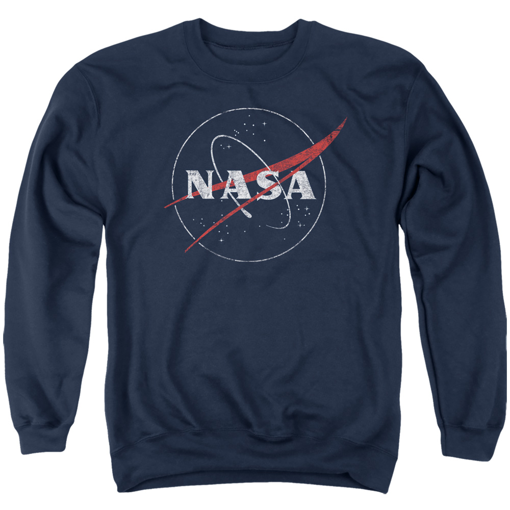 NASA111-AS-2 Nasa Distressed Logo Adult Crewneck Sweatshirt, Navy - Medium