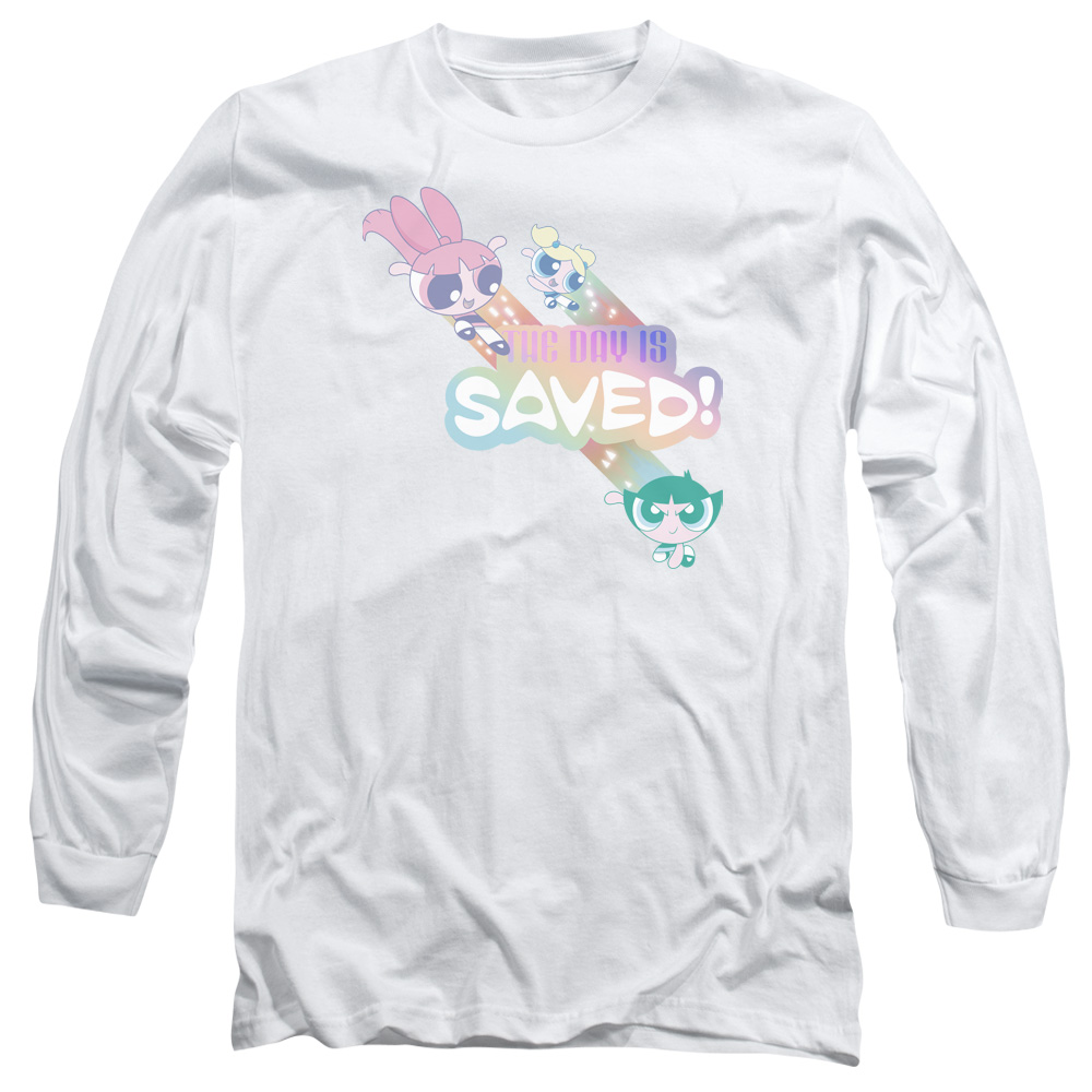 CN713-AL-3 Powerpuff Girls The Day is Saved Adult Long Sleeve T-Shirt, White - Large