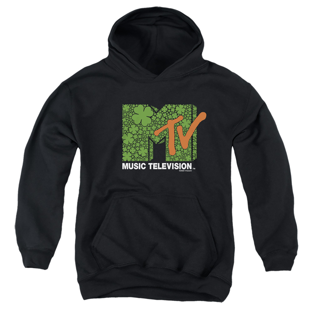 MTV10052SPD-YFTH-3 MTV St. Patricks Day Shamrock Logo Youth Hooded Sweatshirt, Black - Large