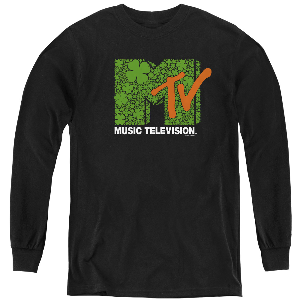 MTV10052SPD-YL-3 MTV St. Patricks Day Shamrock Logo Long Sleeve Youth T-Shirt, Black - Large