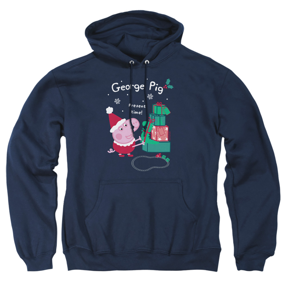 HBRO10380-AFTH-2 Peppa Pig Christmas Present Time with George Pig Adult Pullover Hoodie, Navy - Medium