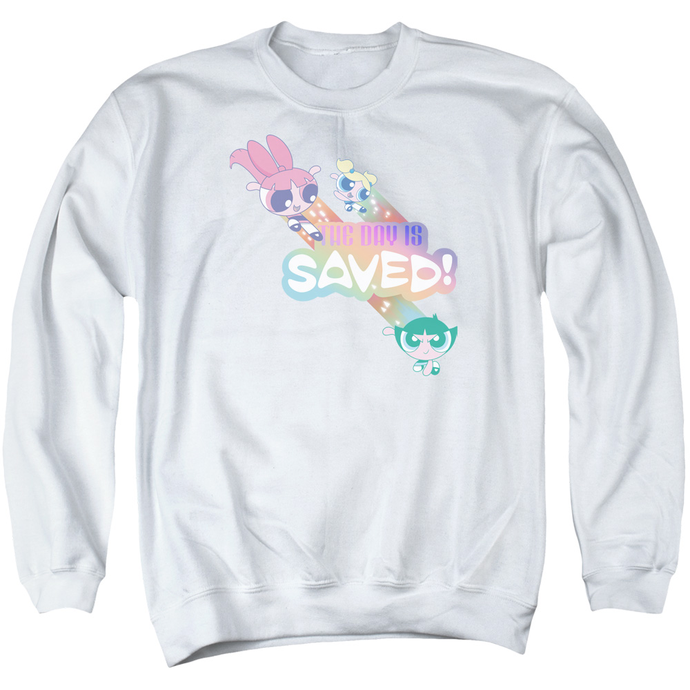 CN713-AS-3 Powerpuff Girls The Day is Saved Adult Crewneck Sweatshirt, White - Large