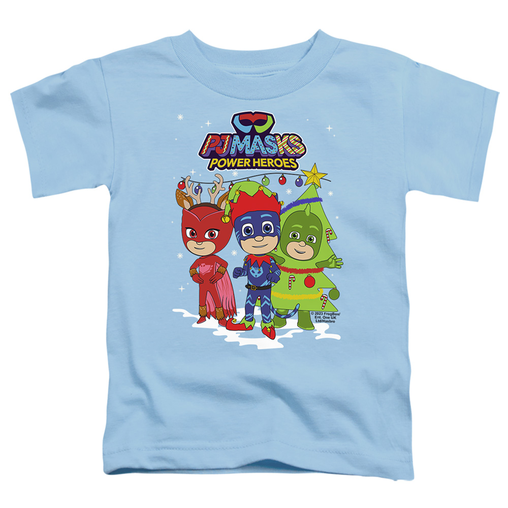 HBRO10382-TT-2 PJ Masks Christmas Heroes, Catboy, Owlette & Gekko Toddler Short Sleeve T-Shirt, Light Blue - Medium 3T